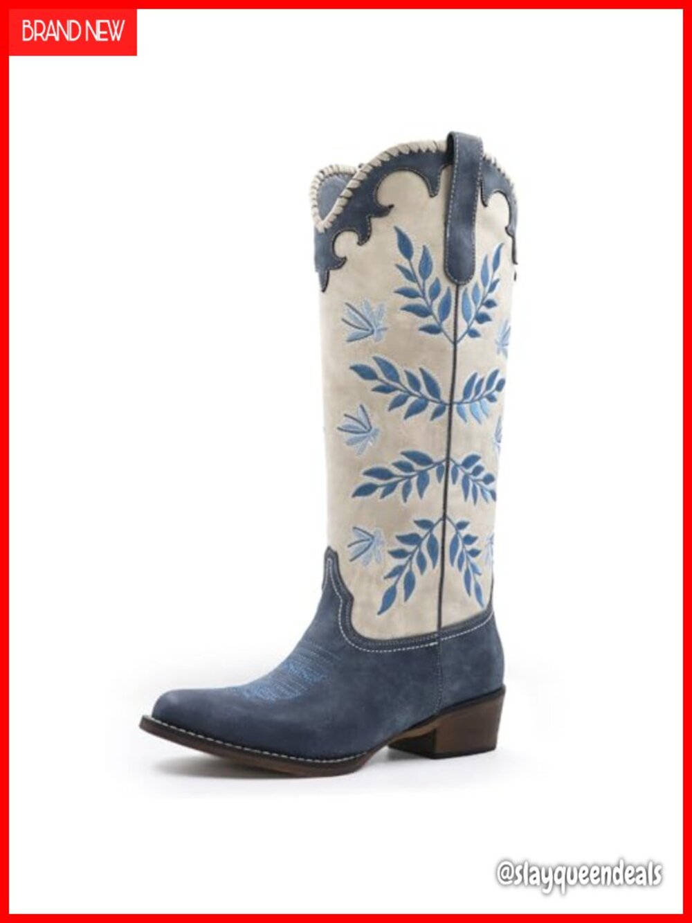 Womens Knee High Cowboy Boots Leaf Embroidered Pull On Chunky Heel Western